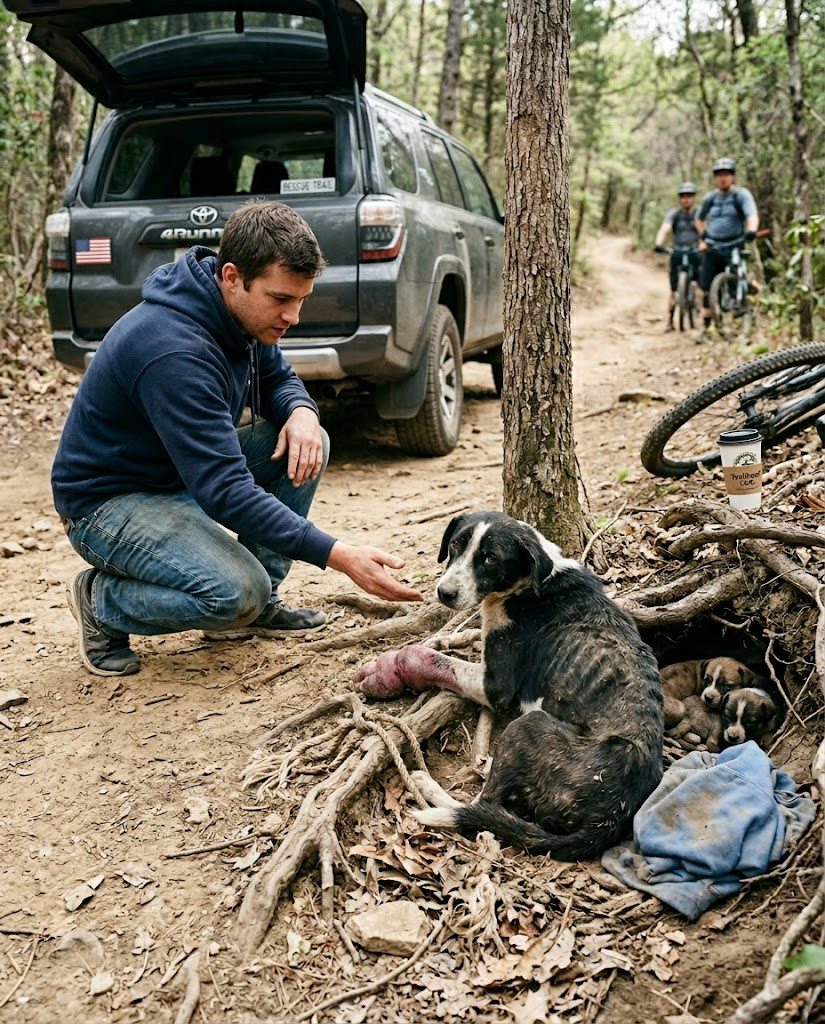 Cyclists Found A Dog Tied To A Tree In The Woods But The Hidden Secret They Discovered Beside Her Left Them In Absolute Tears