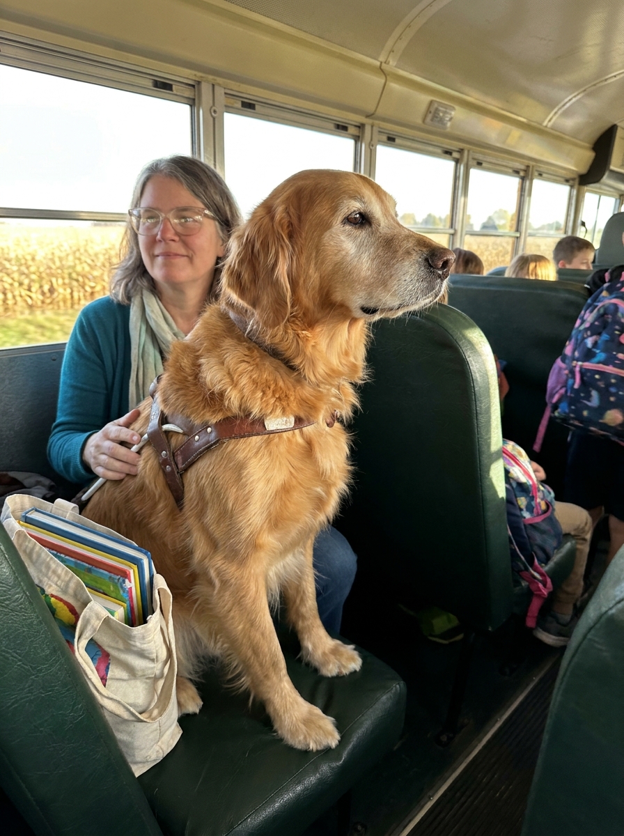 Part 2: For Seven Years, a Golden Retriever Rode the School Bus With Me Every Morning and Sat in My Seat Because I Cannot See Well Enough to Drive. When His Owner Died and the New Driver Banned Him From the Bus, I Did Not Yet Know That a Law Would One Day Put Him Back On It.