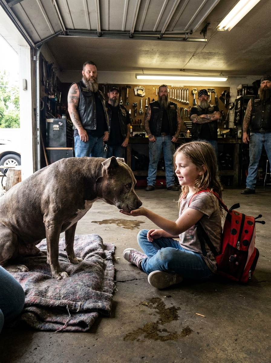 Part 2: A Scarred One-Eyed Pit Bull Hadn’t Let a Single Person Touch Him in Five Years. Then My Eight-Year-Old Daughter Sat Down on the Garage Floor and Held Out Her Hand — and the Whole Club Stopped Breathing.