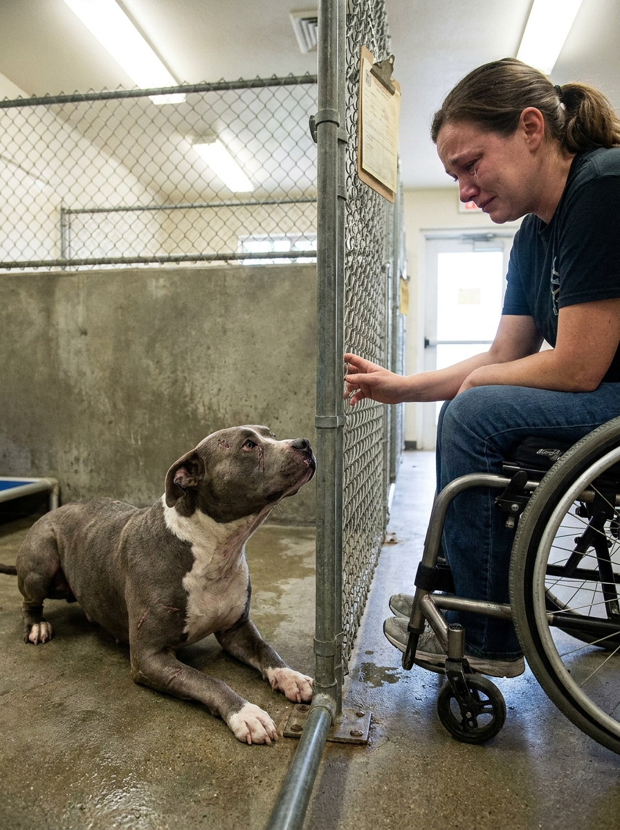 Part 2: The Shelter Said the Terrified Pit Bull in the Back Cage Might Never Be Adoptable. Then a Woman in a Wheelchair Rolled Past Every Happy Dog and Stopped at His Cage — and We Finally Understood What He’d Been Afraid of the Whole Time.