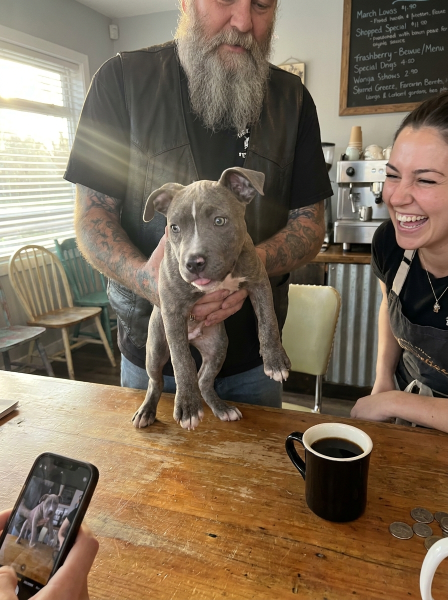 For Two Years a Lonely Biker and the Woman Behind the Coffee Counter Said Almost Nothing to Each Other — Then One Morning She Set a Rescue Pit Bull Puppy on the Counter and Said, “Today He Chose You.”